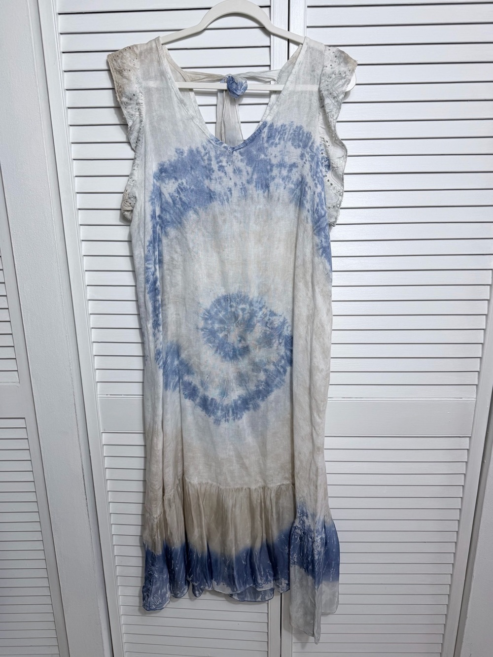 MADE IN ITALY BOHO TIE DYE HANDKERCHIEF HEM BLUE CREAM MIDI DRESS SIZE M